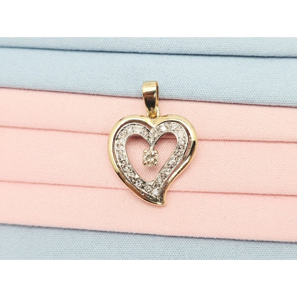 Exquisite 14k Two Tone Multi Color Gold Double Open Heart Diamond Charm Pendant